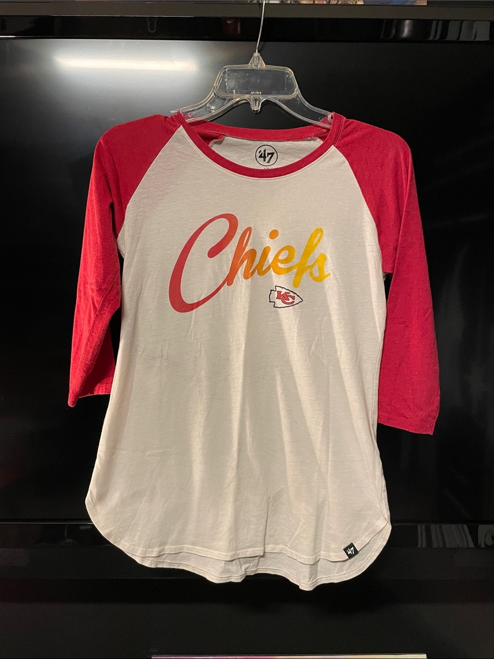 47 Women's Chiefs White Raglan Tee with Red Sleeves